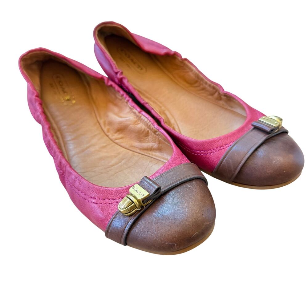 Coach Delphine Ballet Flats Pink Brown Leather Women’s Size 7.5